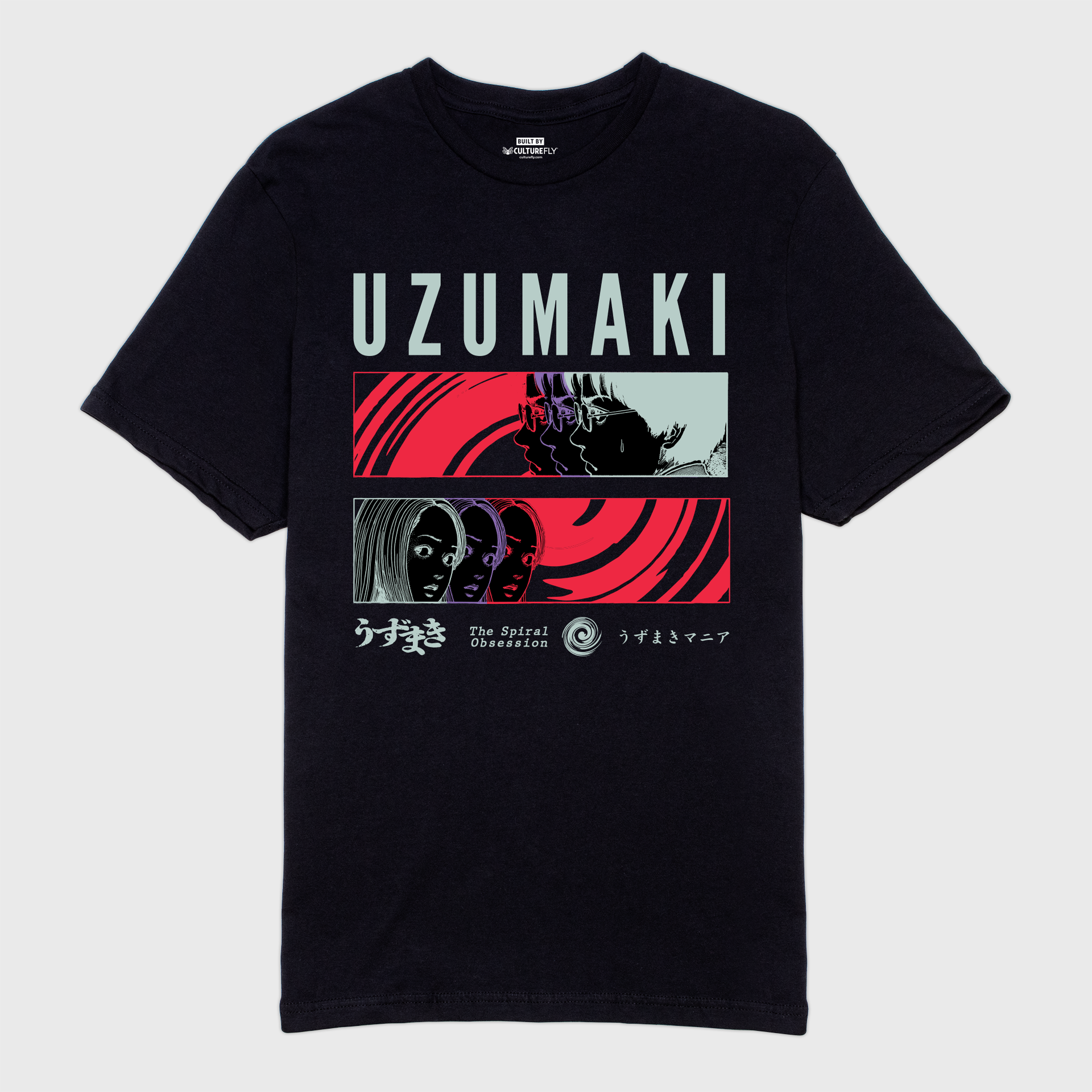 uzumaki black t-shirt. image: 2 panels showing red spiral and boy and girl. 3 faces of each. text: uzumaki the spiral obsession