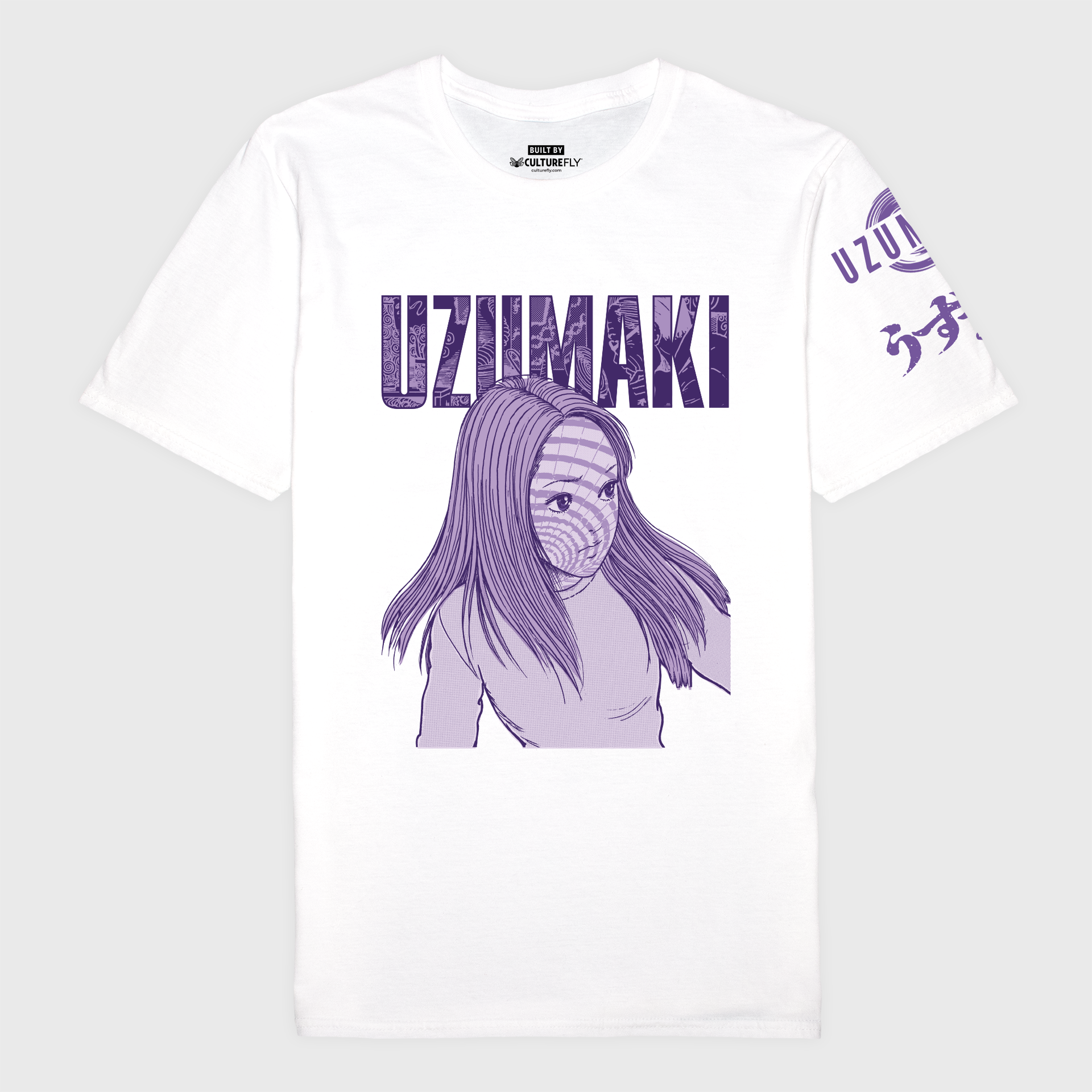 uzumaki white t-shirt. Image: purple colored girl with spiral on face. text: uzumaki
