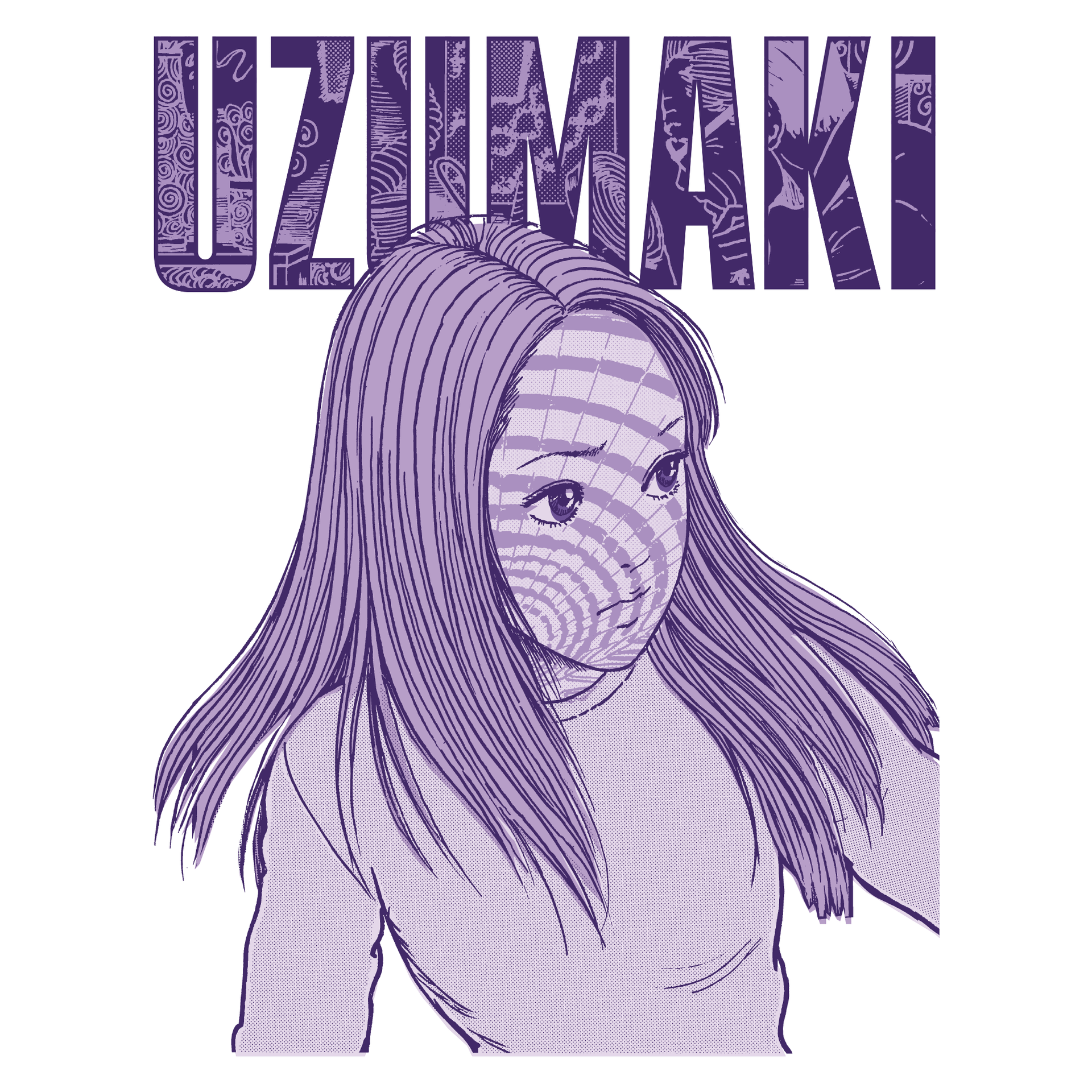 close up Image: purple colored girl with spiral on face. text: uzumaki
