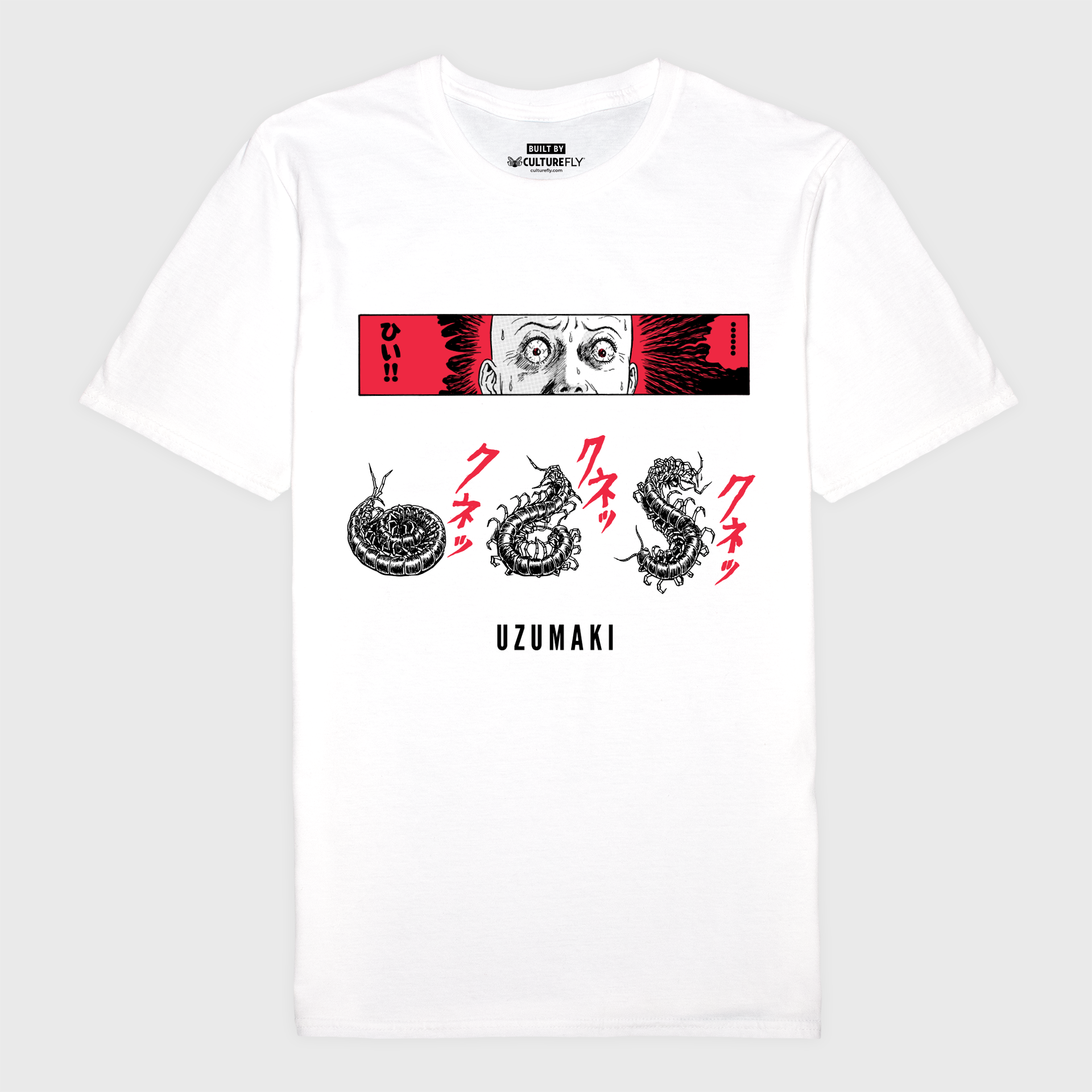 uzumaki white t-shirt. image: panel with black and white face of man with red background. 3 forms of centipede monster. text: uzumaki