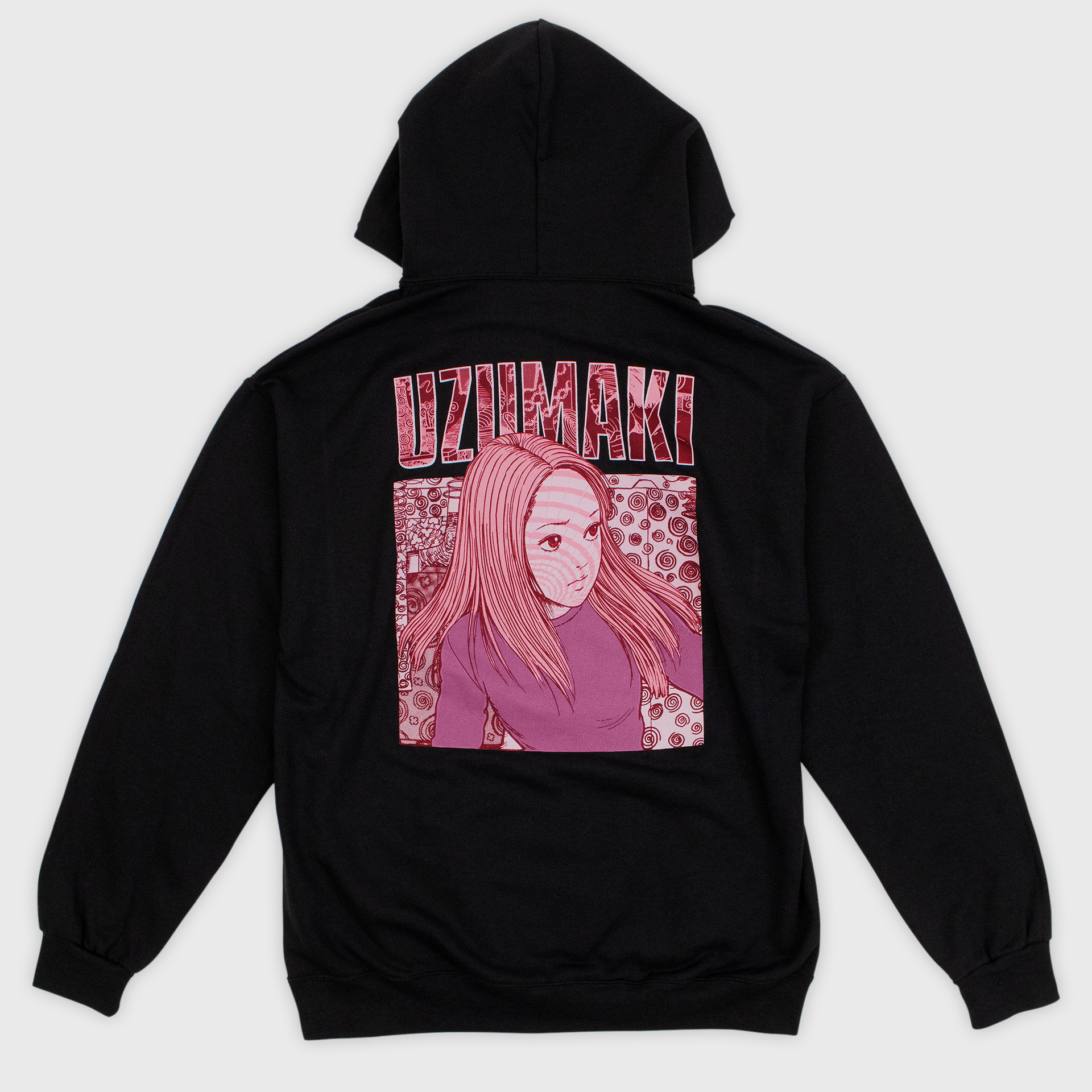 uzumaki hoodie back print. image: girl looking away all pink. text: uzumaki.