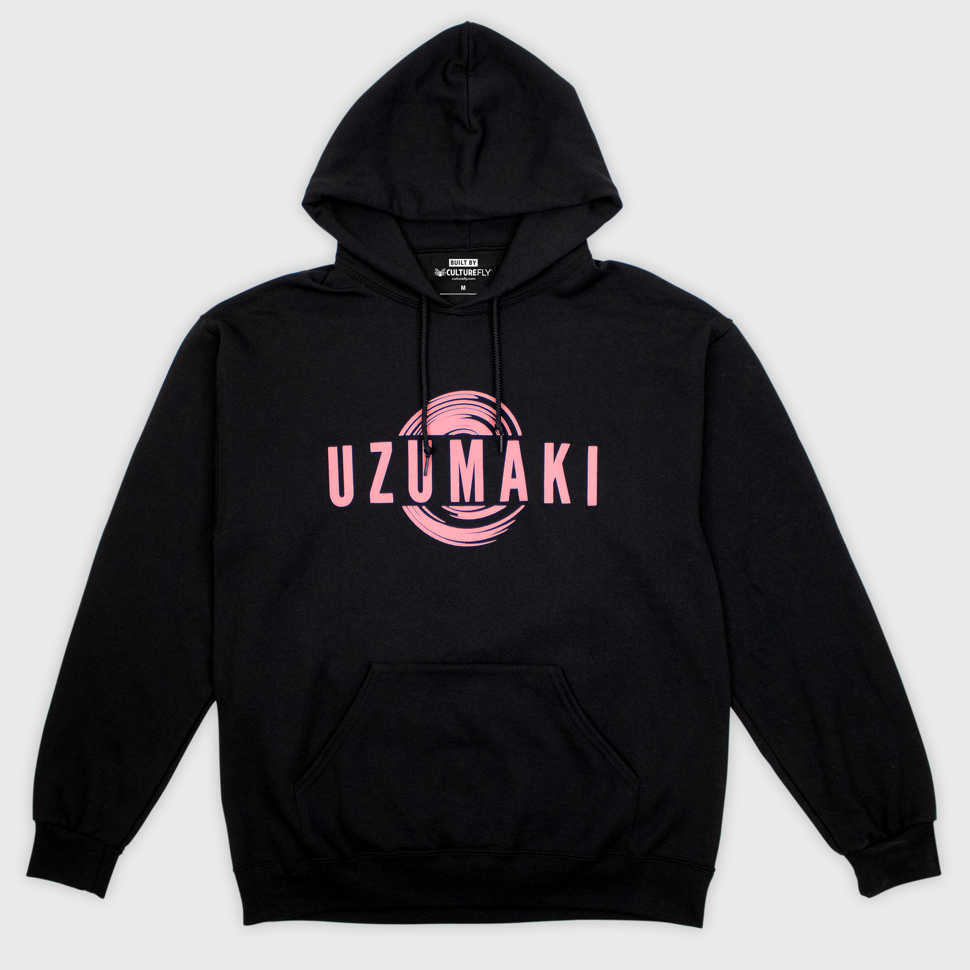 uzumaki pull over hoodie. black. image: uzumaki logo in pink. text: uzumaki.