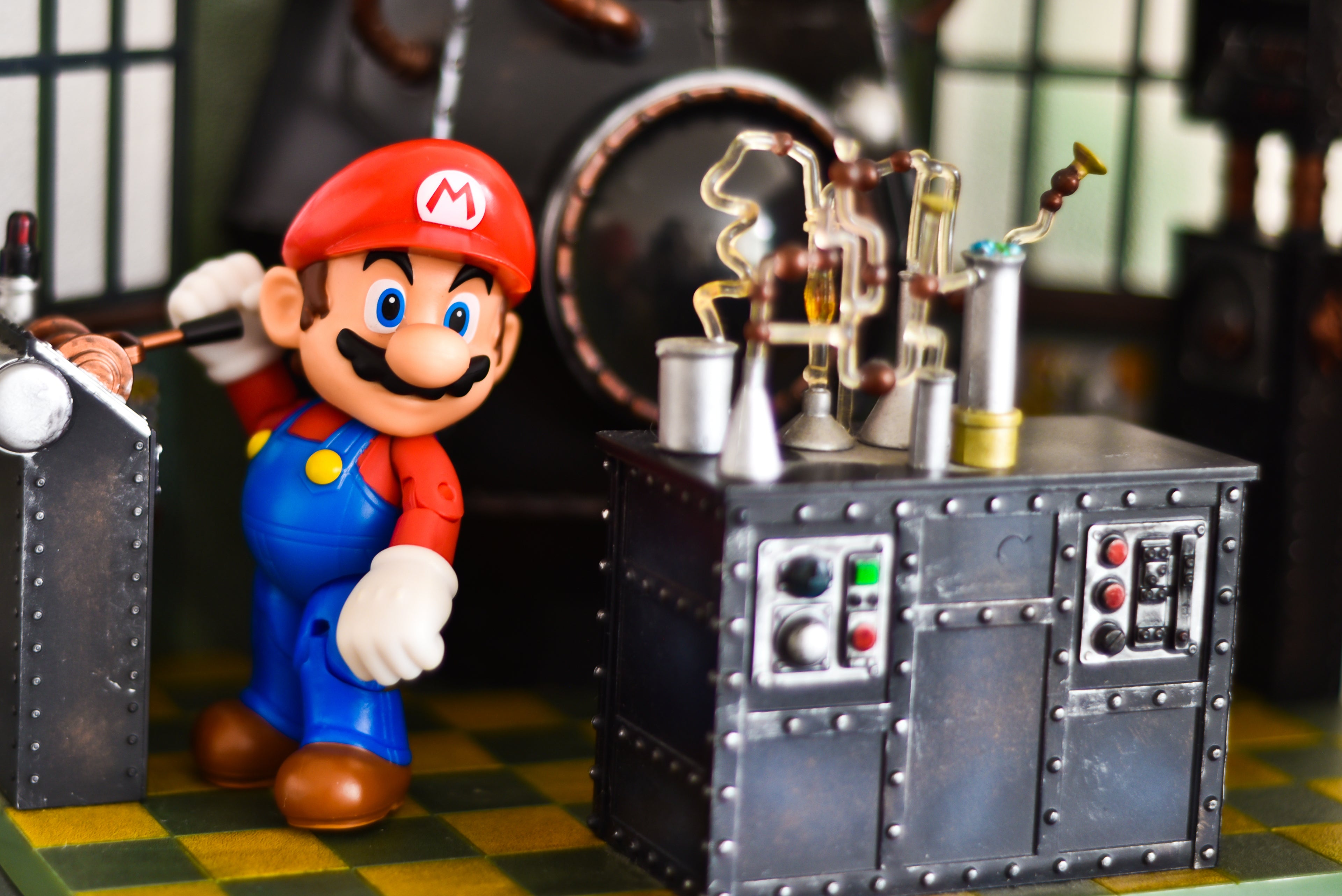 animation poster of Mario in a lab