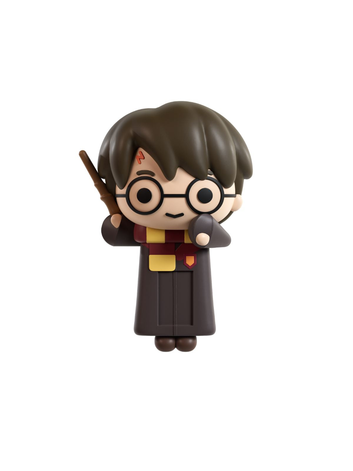 A small stylized collectible figure of Harry Potter with brown hair, round glasses, a dark robe, yellow scarf, and red tie, holding a wand against a plain white background.
