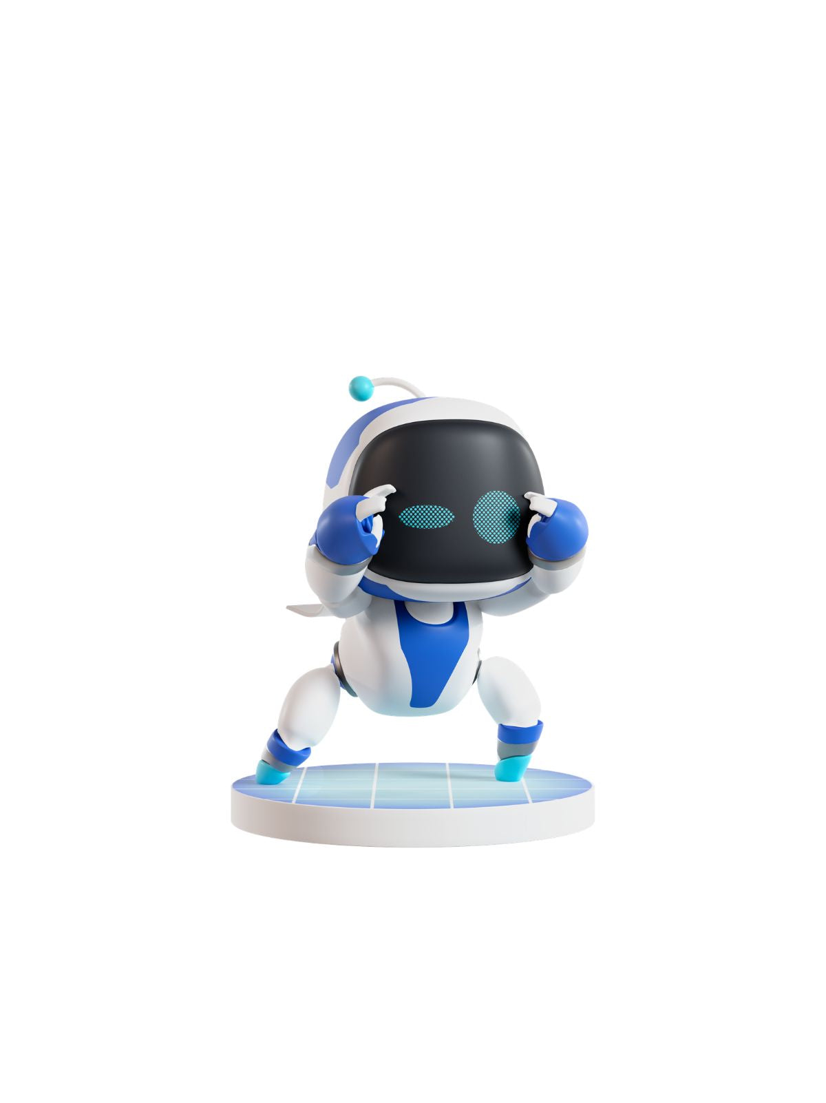 A small white and blue robot figurine with a black visor, posed on a round light blue platform against a plain white background.