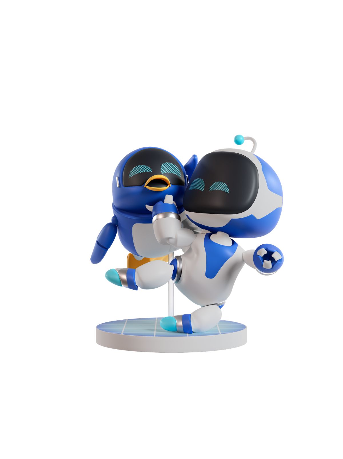 A collectible figurine of two cartoon robots, one blue and one white with blue accents, posed dynamically on a circular base against a solid white background.