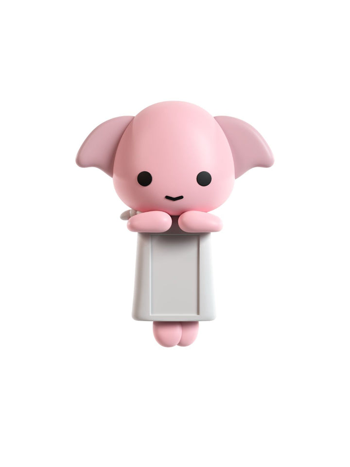 A cute pink cartoon figurine peeking over a white rectangular block, centered on a plain white background.