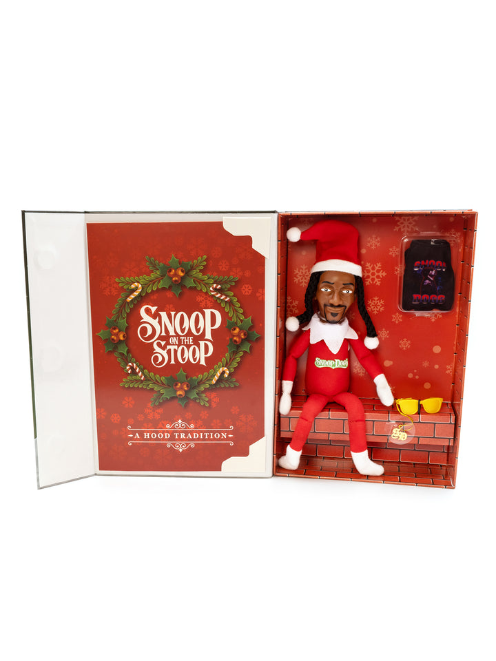 Snoop Dogg Christmas elf doll in a decorative box with 'Snoop on the Stoop' text.