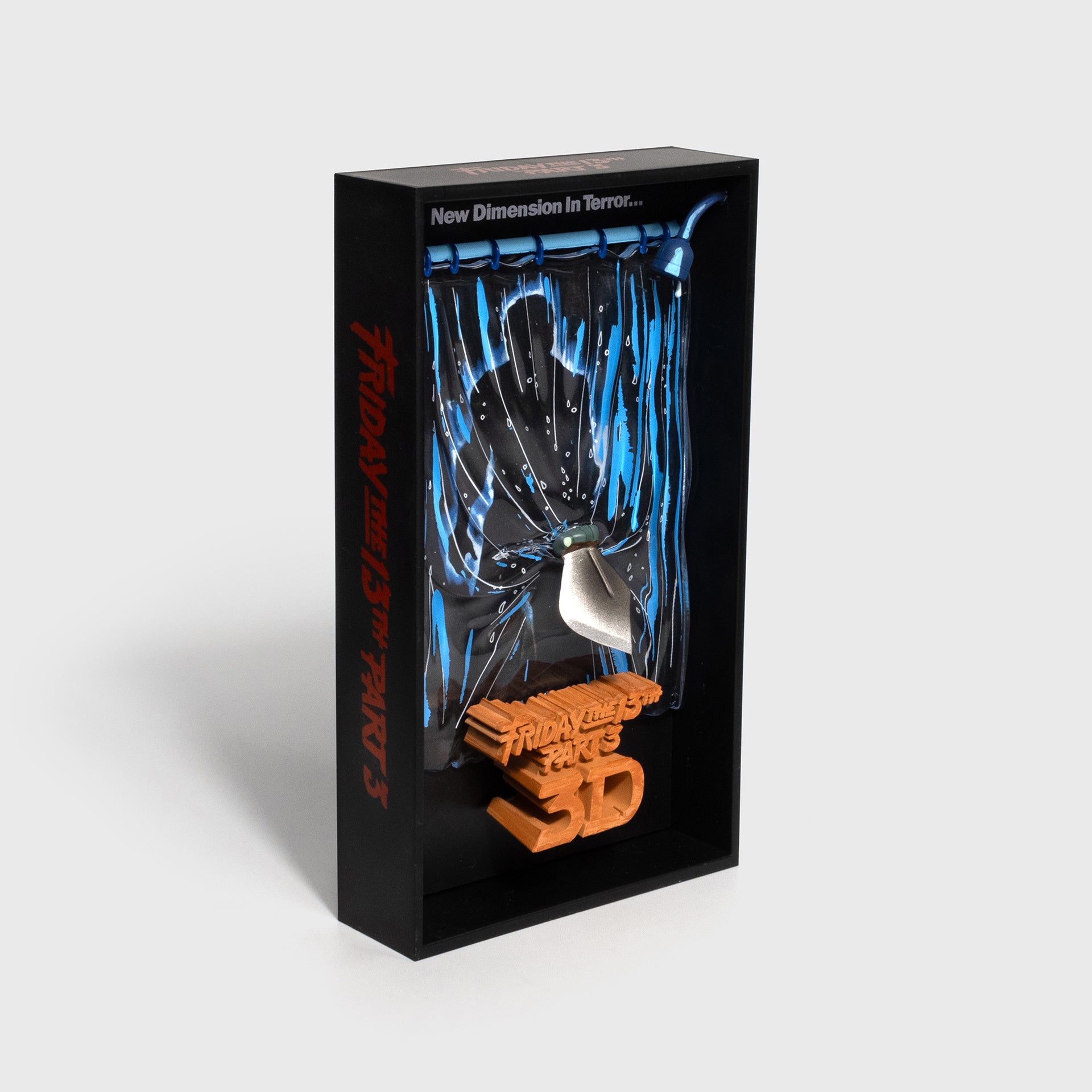 friday the 13th part 3 3d 3deep. image: figure behind shower curtain poking knife through. shower faucet. tex: friday the 13th part 3 3D. new dimension in terror....