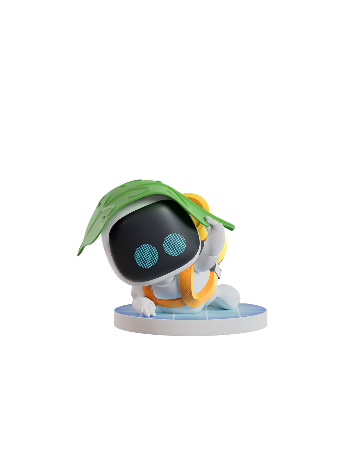 A small stylized robot figurine kneeling on a round base, with a green leaf-like head covering, a black face panel, blue circular eyes, and yellow/orange accents on a plain white background.