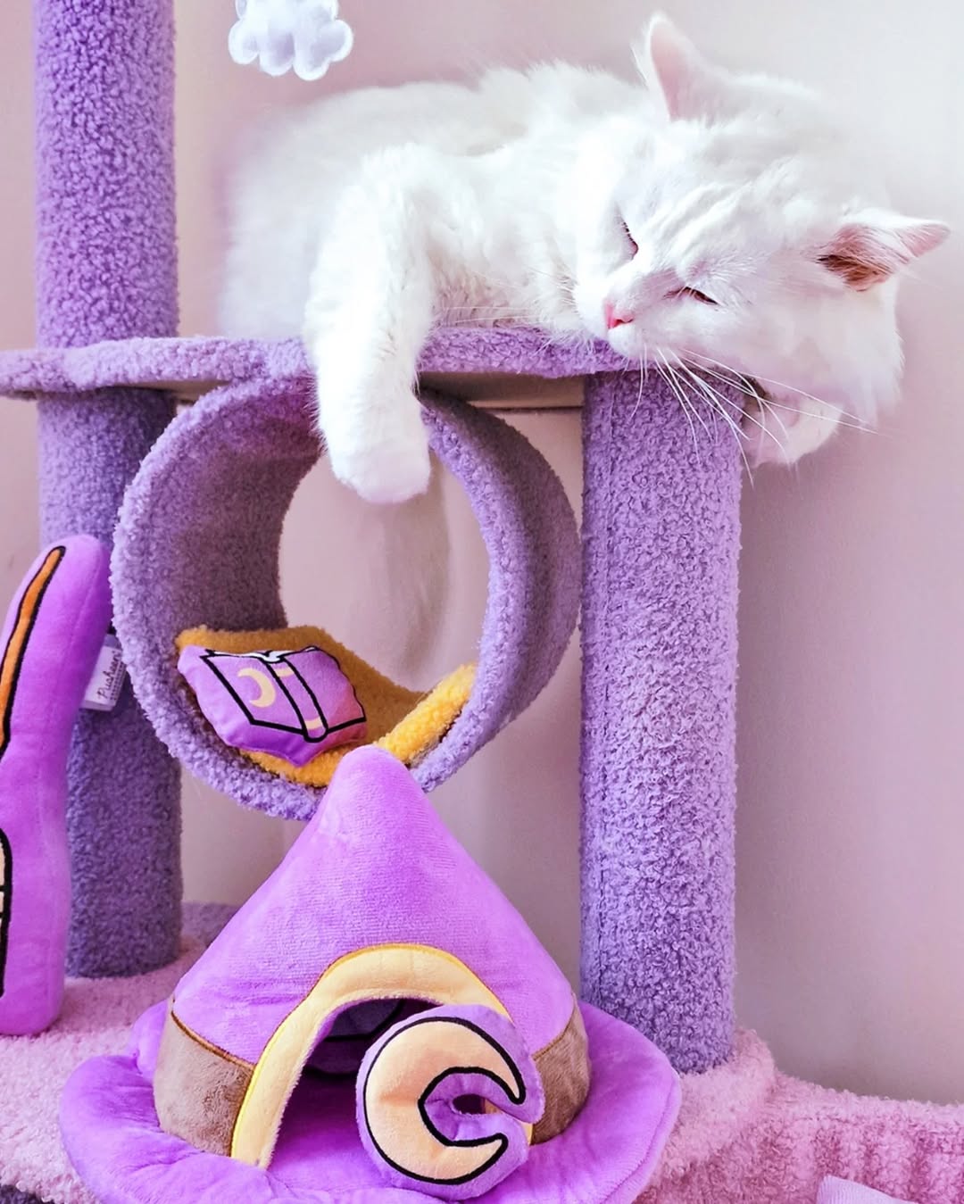 White cat lounging on a purple cat tree with toys