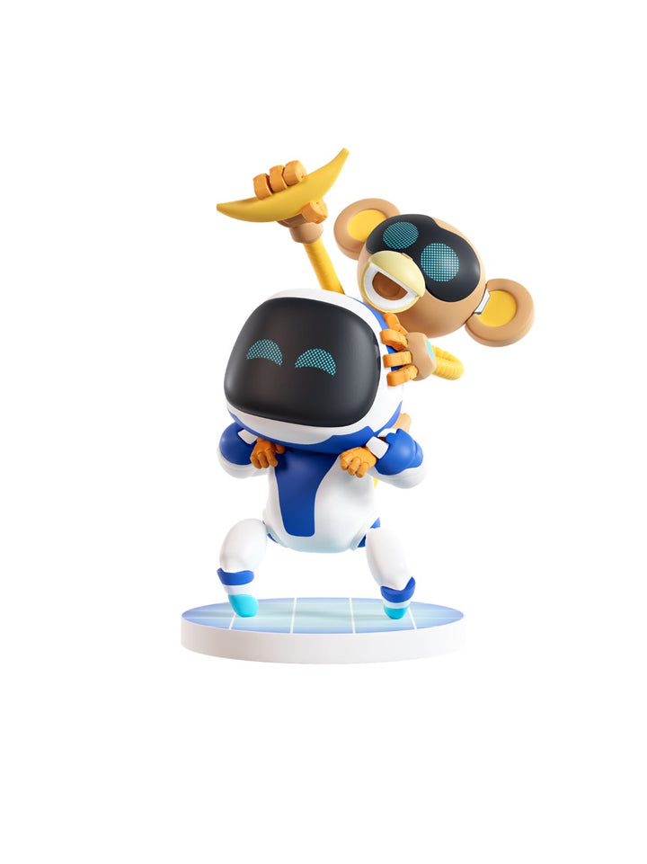 A stylized collectible figurine of a white and blue robot carrying a small brown monkey wearing black sunglasses and holding a yellow banana, standing on a round light blue and white base against a plain white background.