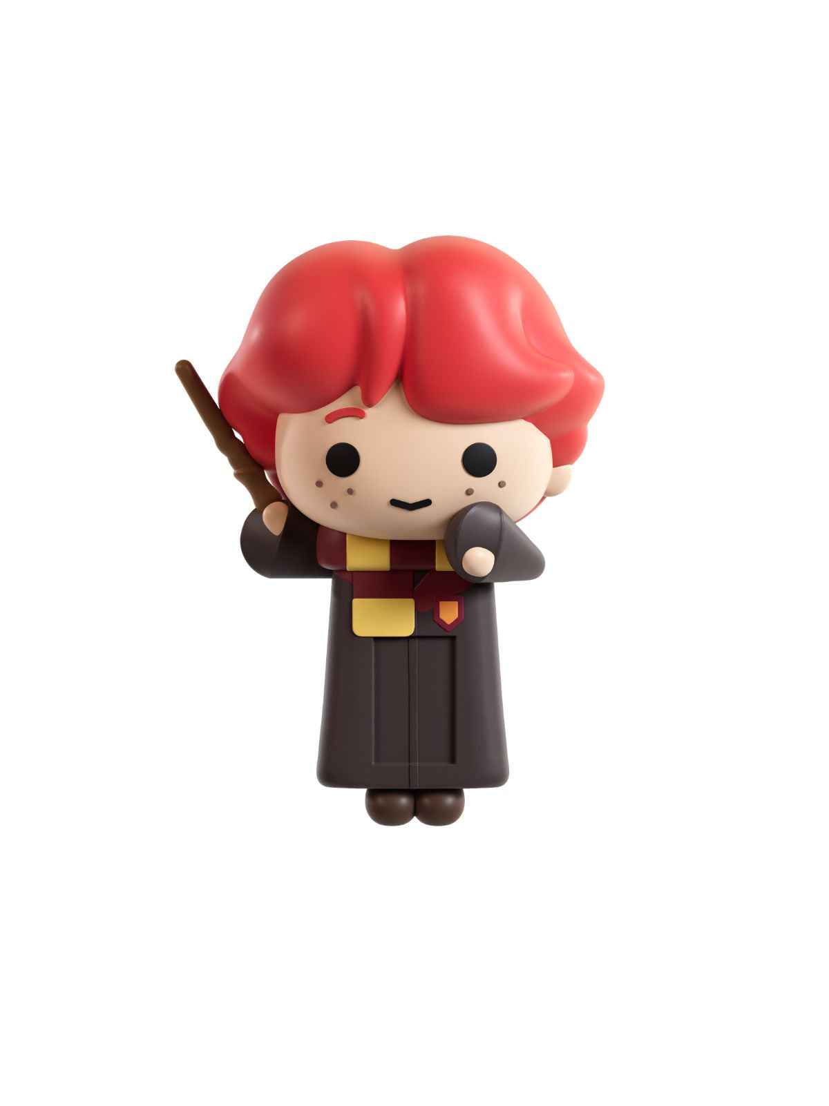 A small stylized character figurine with bright red hair, a beige face, a dark gray robe, and a yellow-and-red scarf, holding a wand against a plain white background.