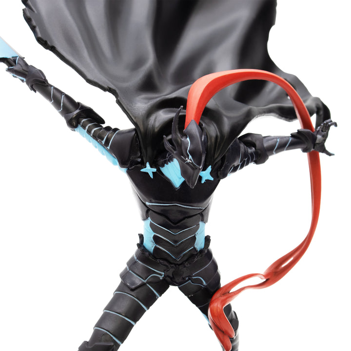 Anime superhero figure with cape and red weapon on a white background