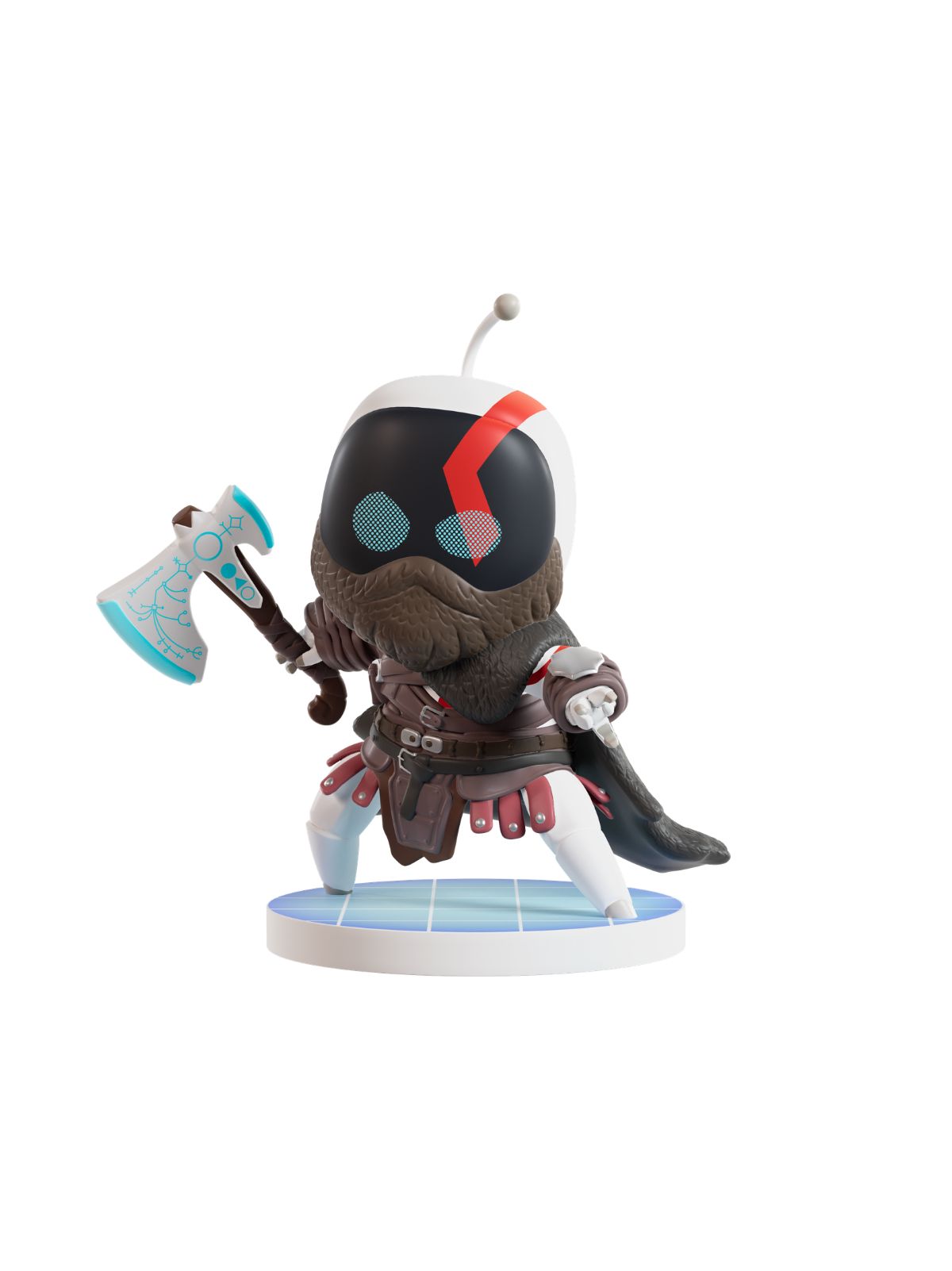A stylized collectible figurine of a hooded character with a white helmet, black visor, red stripe, brown beard, and dark outfit, holding a blue-and-white axe, standing on a round light blue base against a white background.
