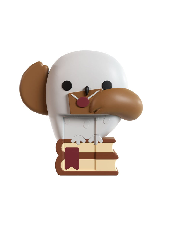 A stylized white cartoon bird character with brown ears and beak, holding a stack of books with a red bookmark, centered on a plain white background.