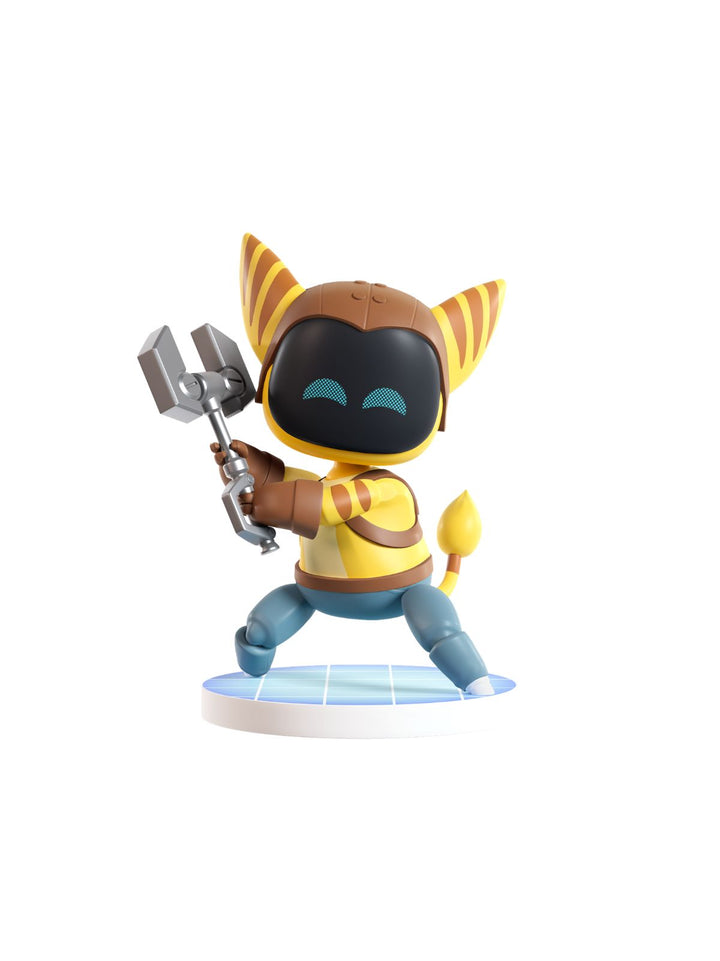 A stylized collectible figurine of a cartoon cat-like character in a yellow and brown outfit with blue pants, holding a gray weapon, standing on a round light blue base against a plain white background.