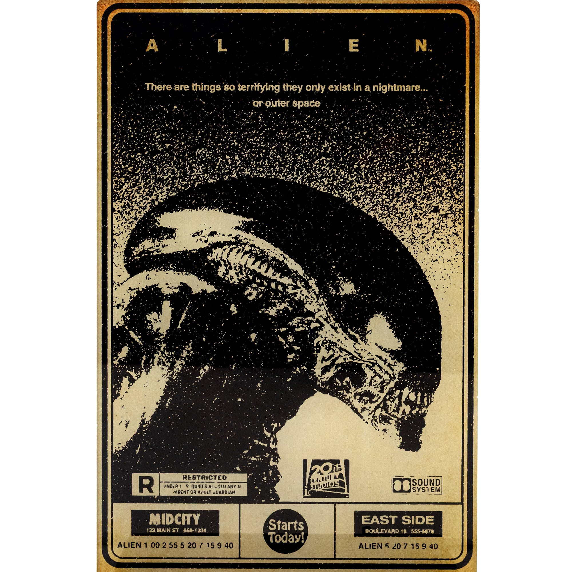 Vintage-style 'Alien' movie poster with creature and text on a black and gold background