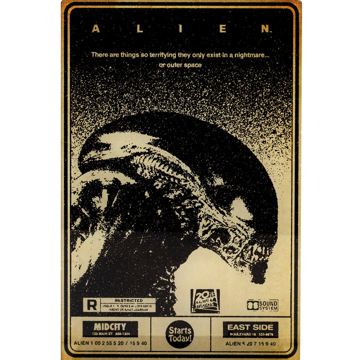 Vintage-style 'Alien' movie poster with creature and text on a black and gold background