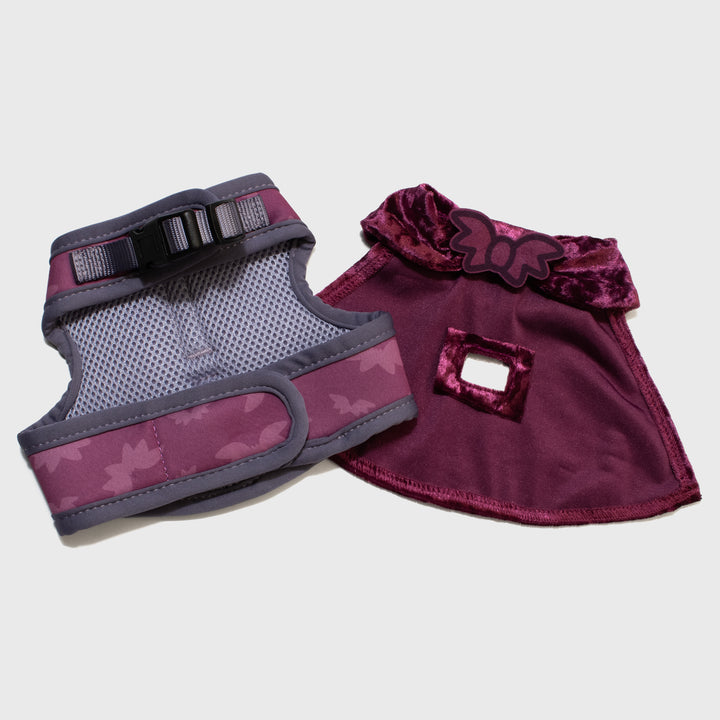 bottom of vampurr vampire harness and cape. velcro strap and buckle on harness. little bat "bow tie" on cape.
