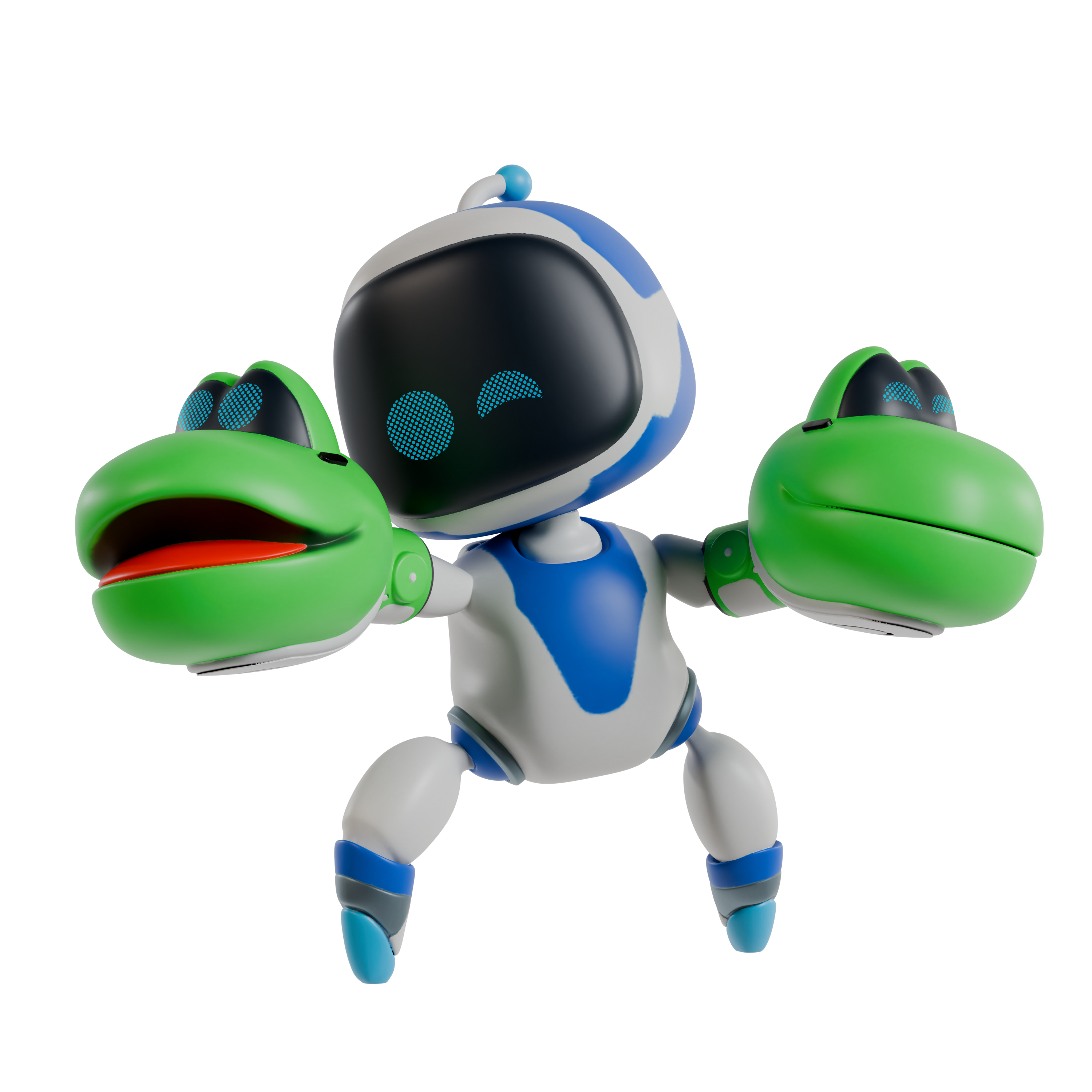 Toy robot with green arms and blue accents on a white background