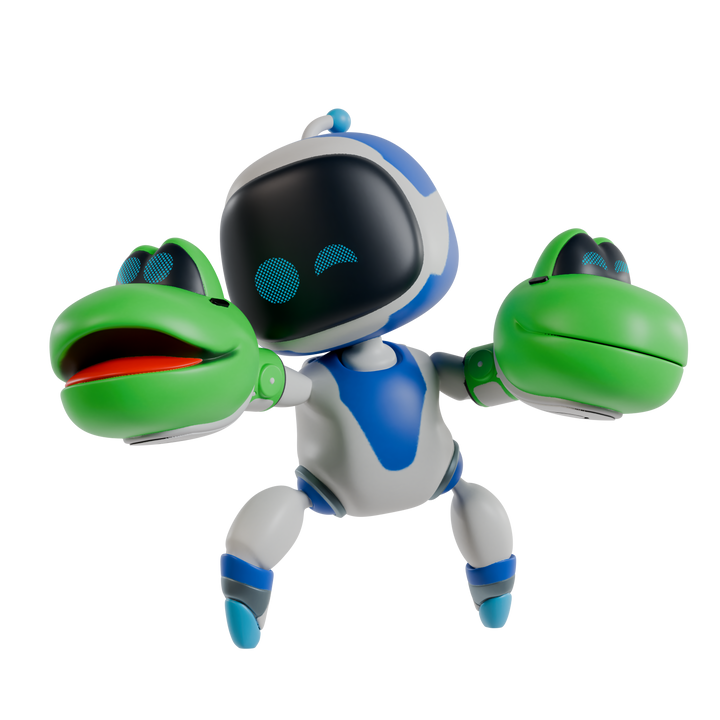 Toy robot with green arms and blue accents on a white background