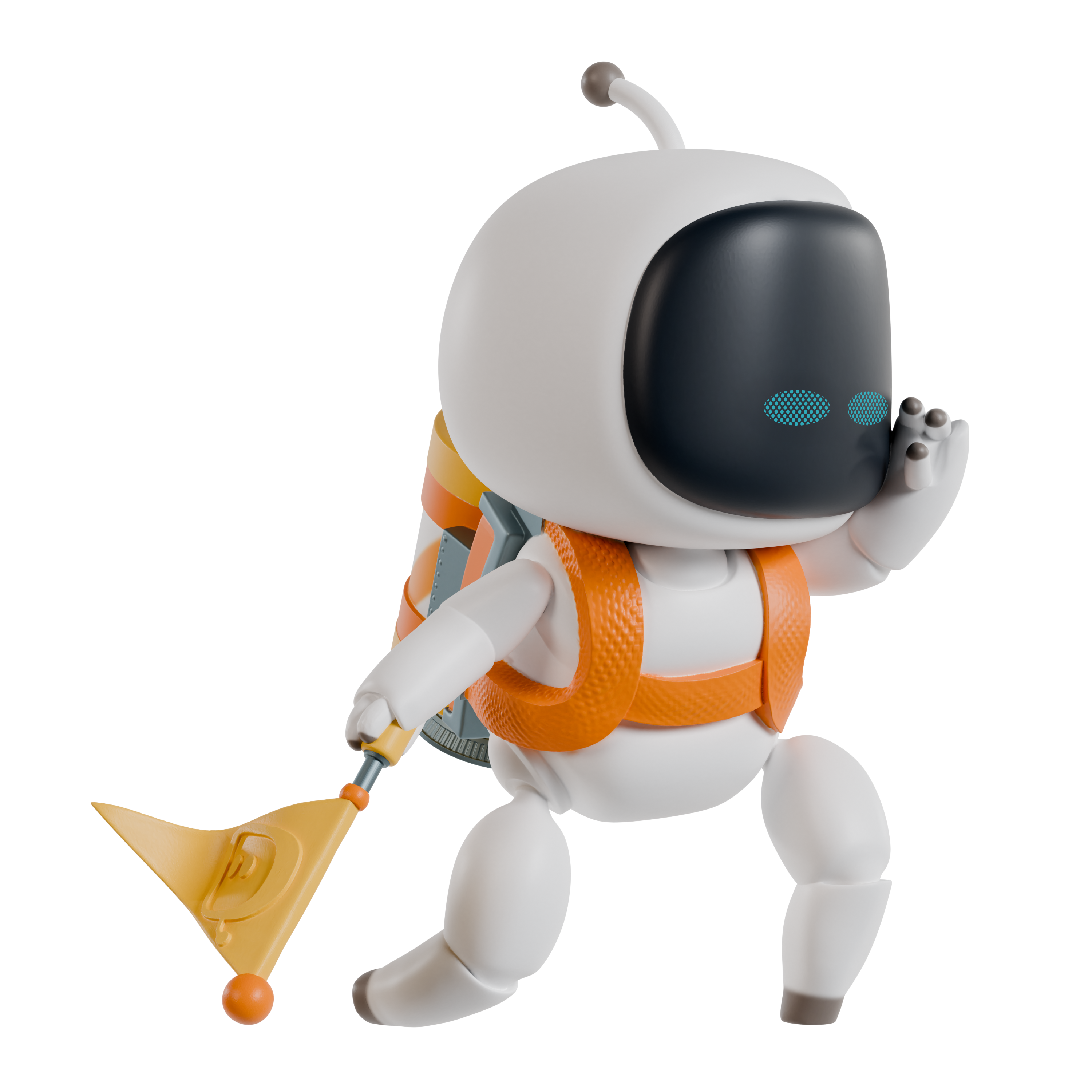 Toy figure of a robot with an orange spacesuit and yellow tool on a white background
