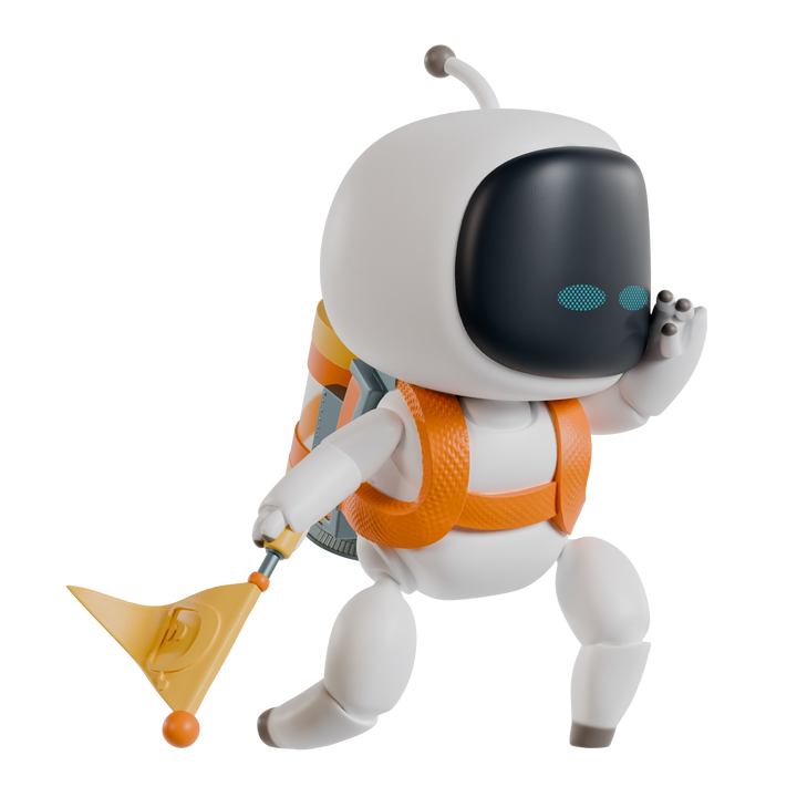 Toy figure of a robot with an orange spacesuit and yellow tool on a white background