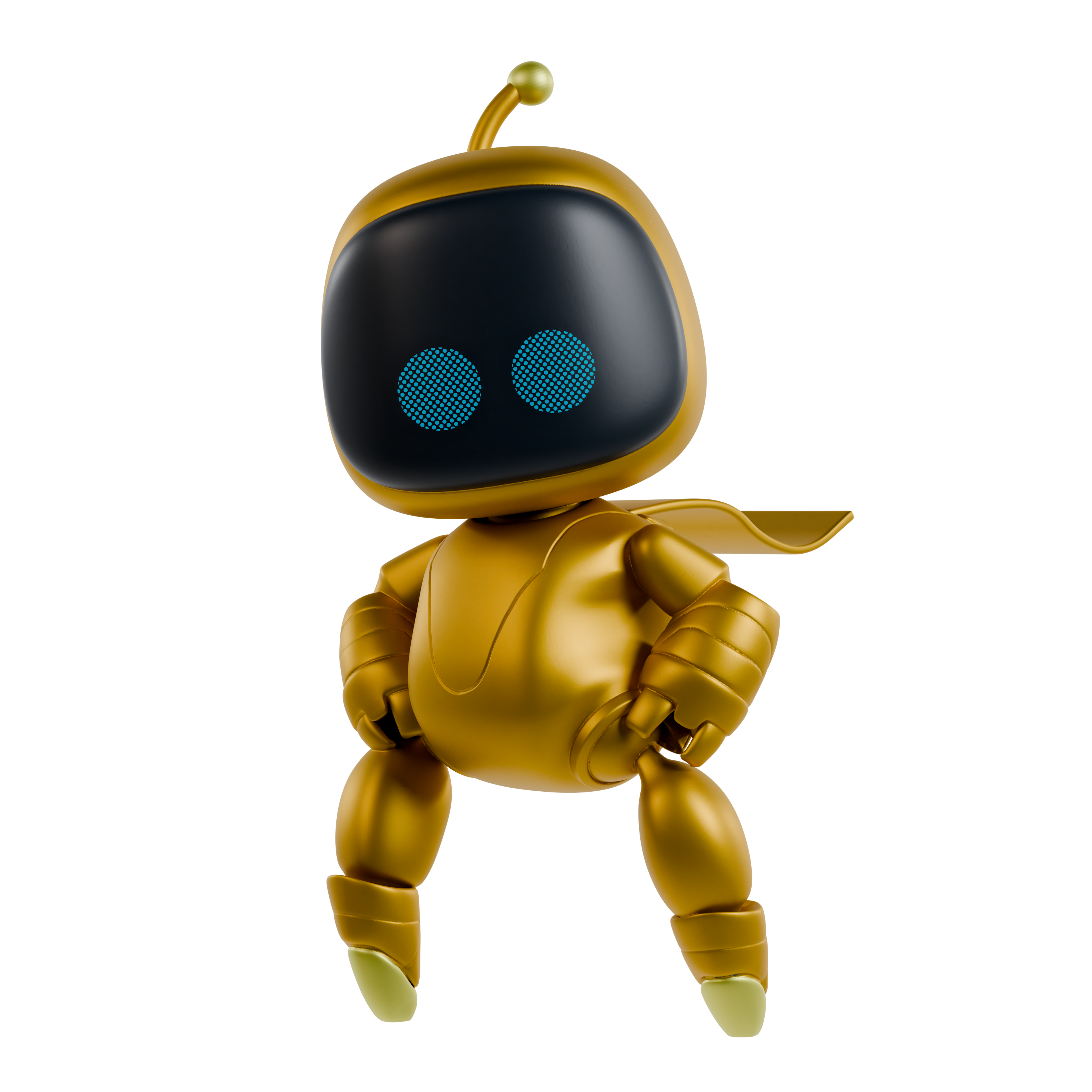 Gold robot toy with blue eyes on a white background