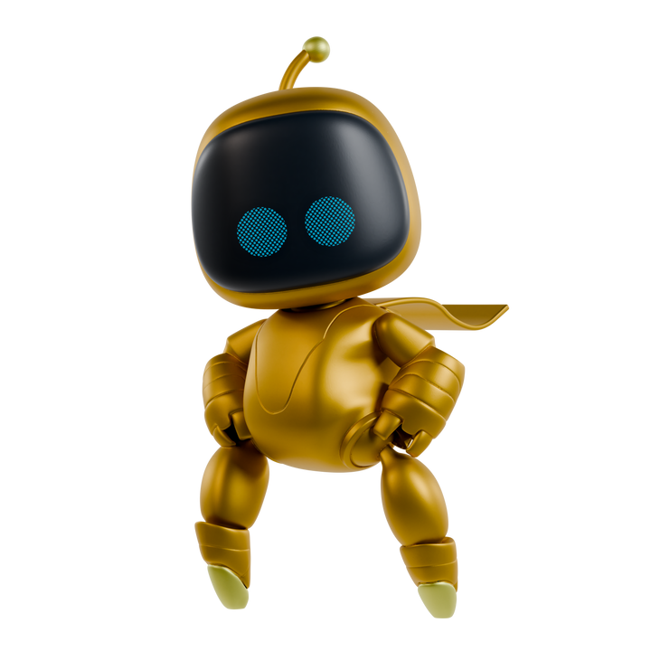 Gold robot toy with blue eyes on a white background