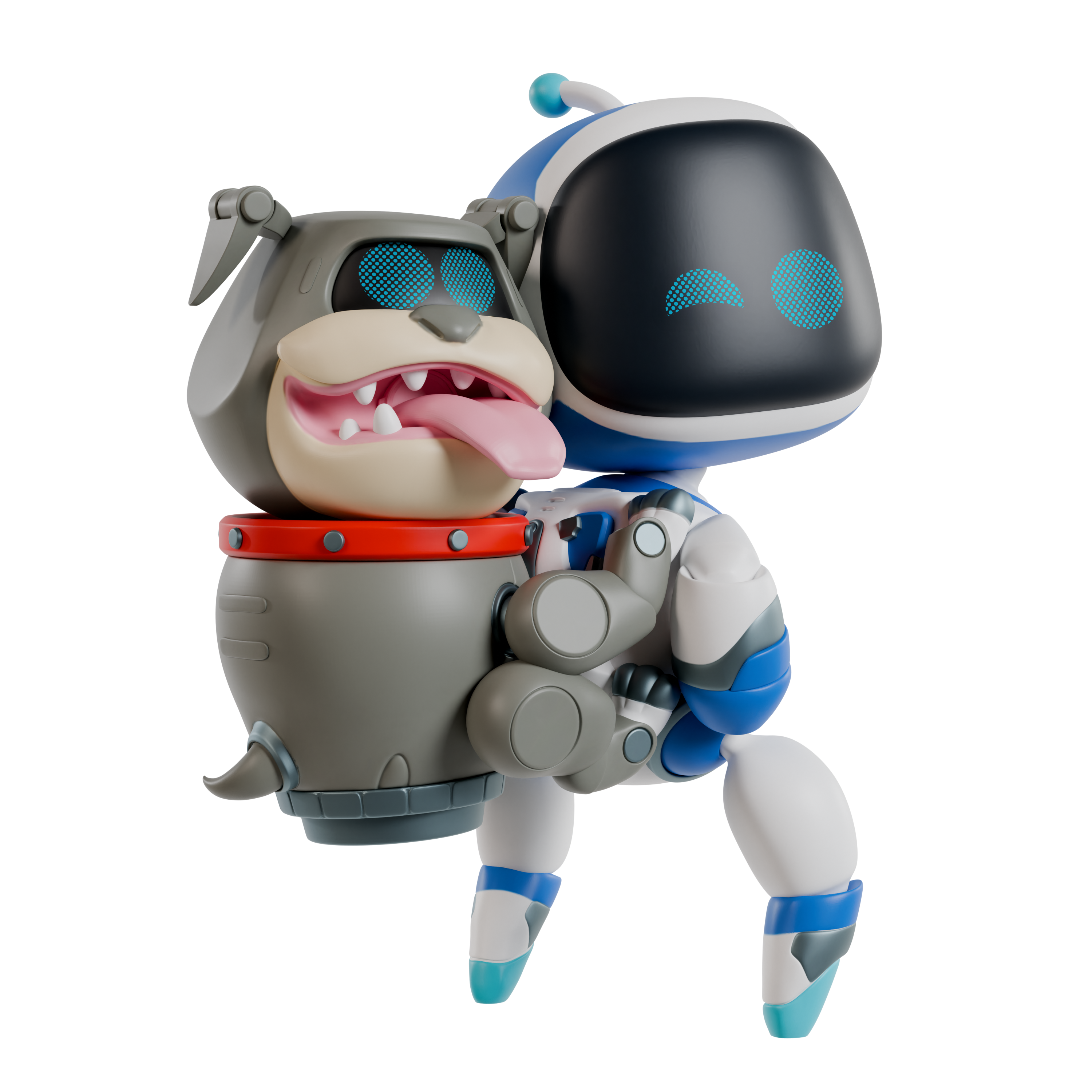 Toy figure of a robot and dog hybrid on a white background