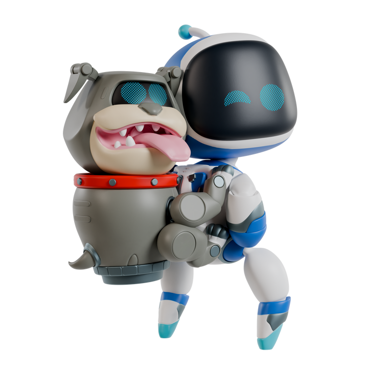 Toy figure of a robot and dog hybrid on a white background