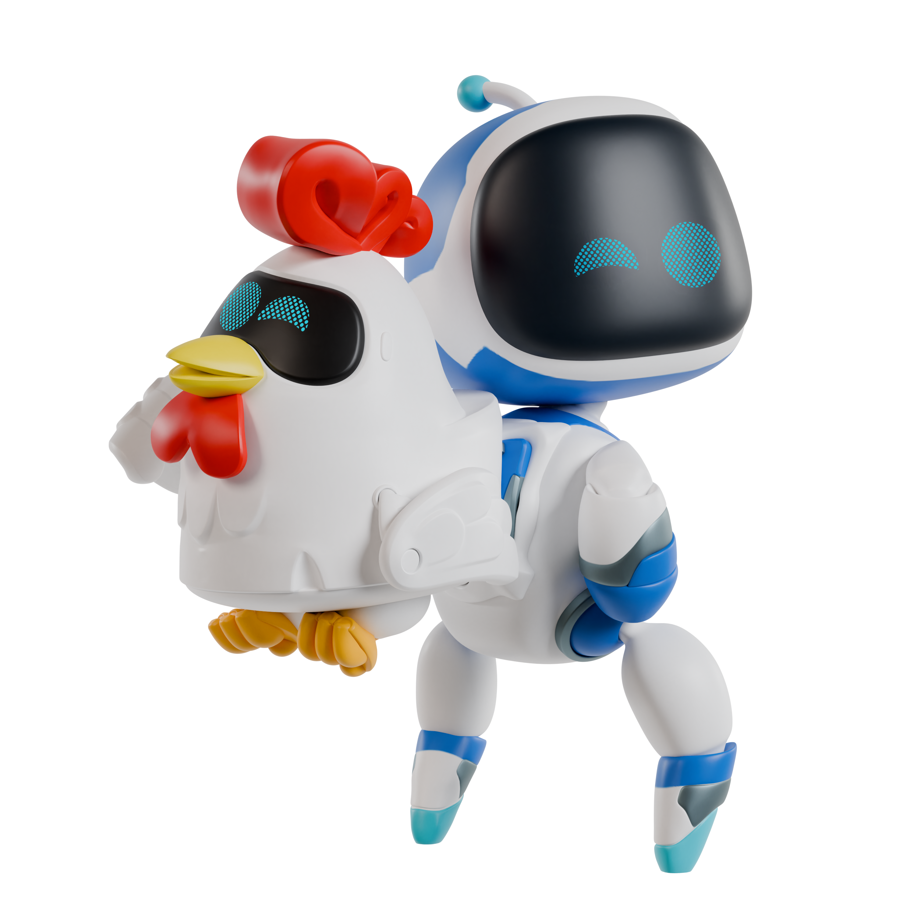 Toy figure of a robot and a chicken on a white background