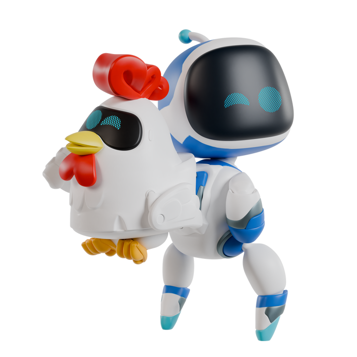 Toy figure of a robot and a chicken on a white background