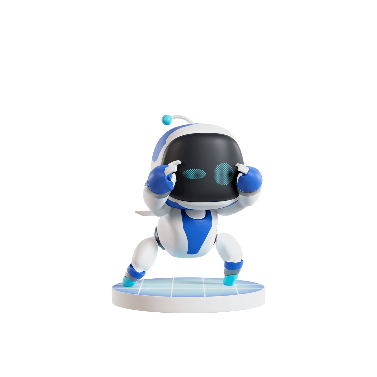 A small white and blue robot figurine with a dark visor, posed on a round light-blue base against a plain white background.