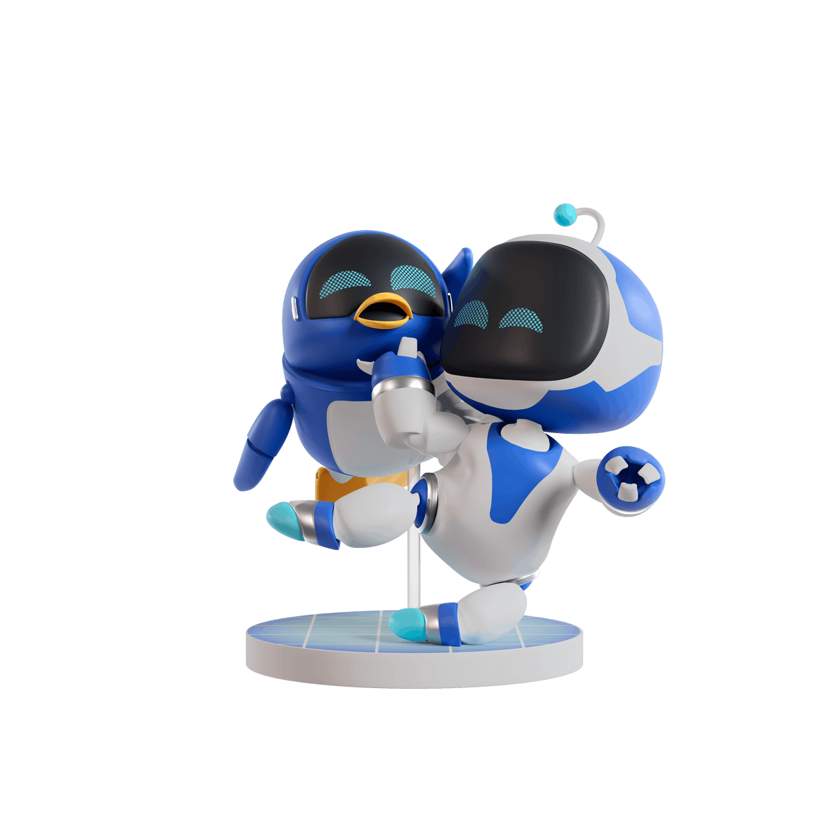 A collectible figurine of two cartoon robots, one blue and white and one blue with a yellow beak, posed dynamically on a circular light blue base against a solid white background.