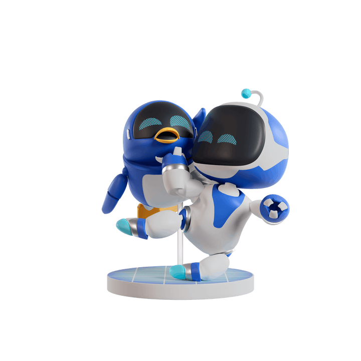 A collectible figurine of two cartoon robots, one blue and white and one blue with a yellow beak, posed dynamically on a circular light blue base against a solid white background.