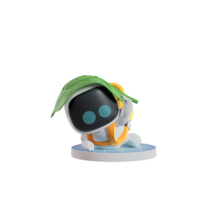 A stylized white robot figurine with a black face, blue circular eyes, a green leaf on its head, and orange harness details, posed on a round light blue base against a plain white background.