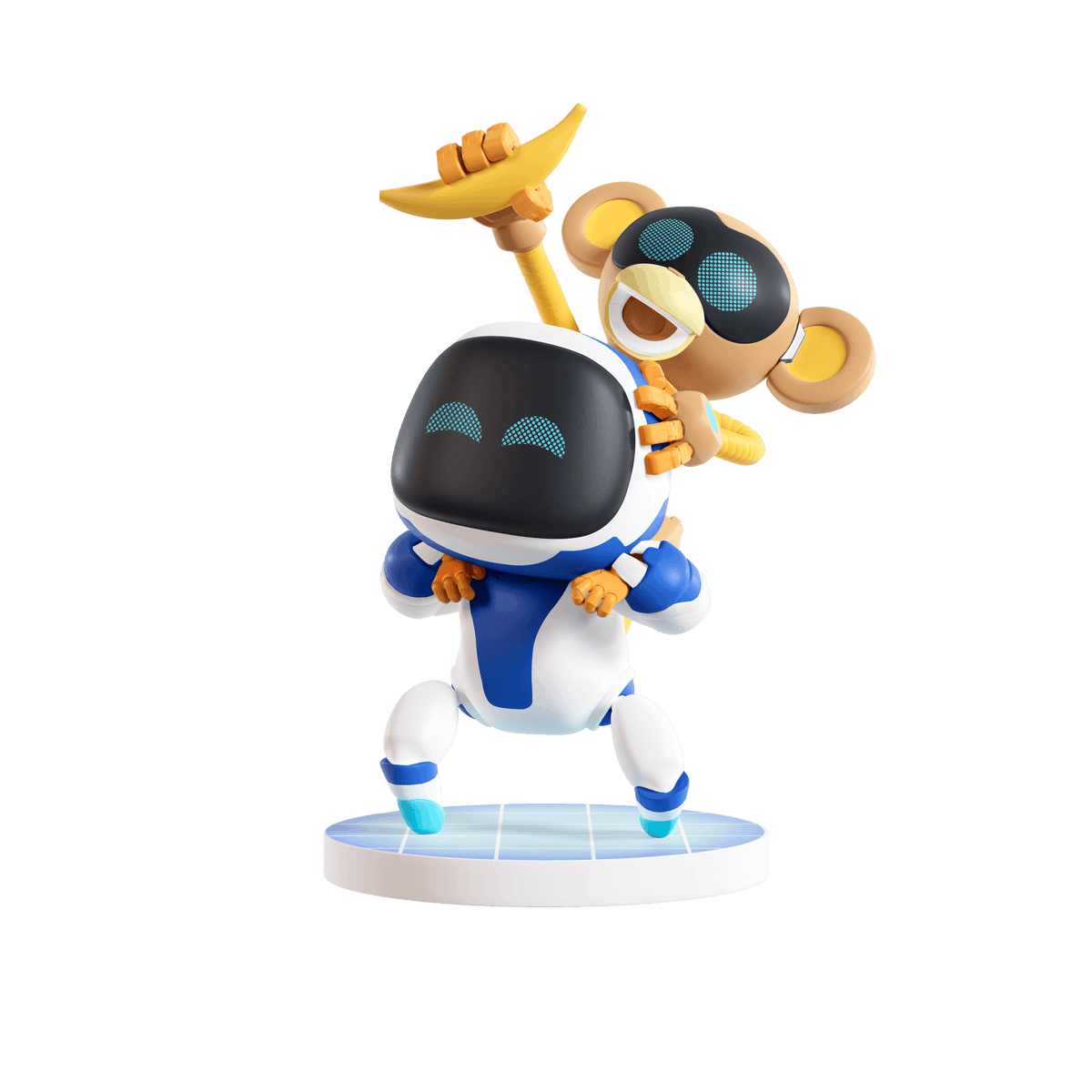 A stylized collectible figure of a white and blue robot carrying a brown monkey wearing black sunglasses and holding a yellow banana, standing on a round light blue base against a plain white background.
