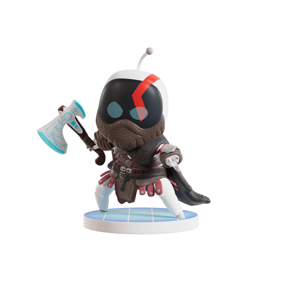 A stylized collectible figurine of a bearded warrior character in a white helmet with a red stripe, holding a blue and white axe, standing on a circular blue base against a plain white background.