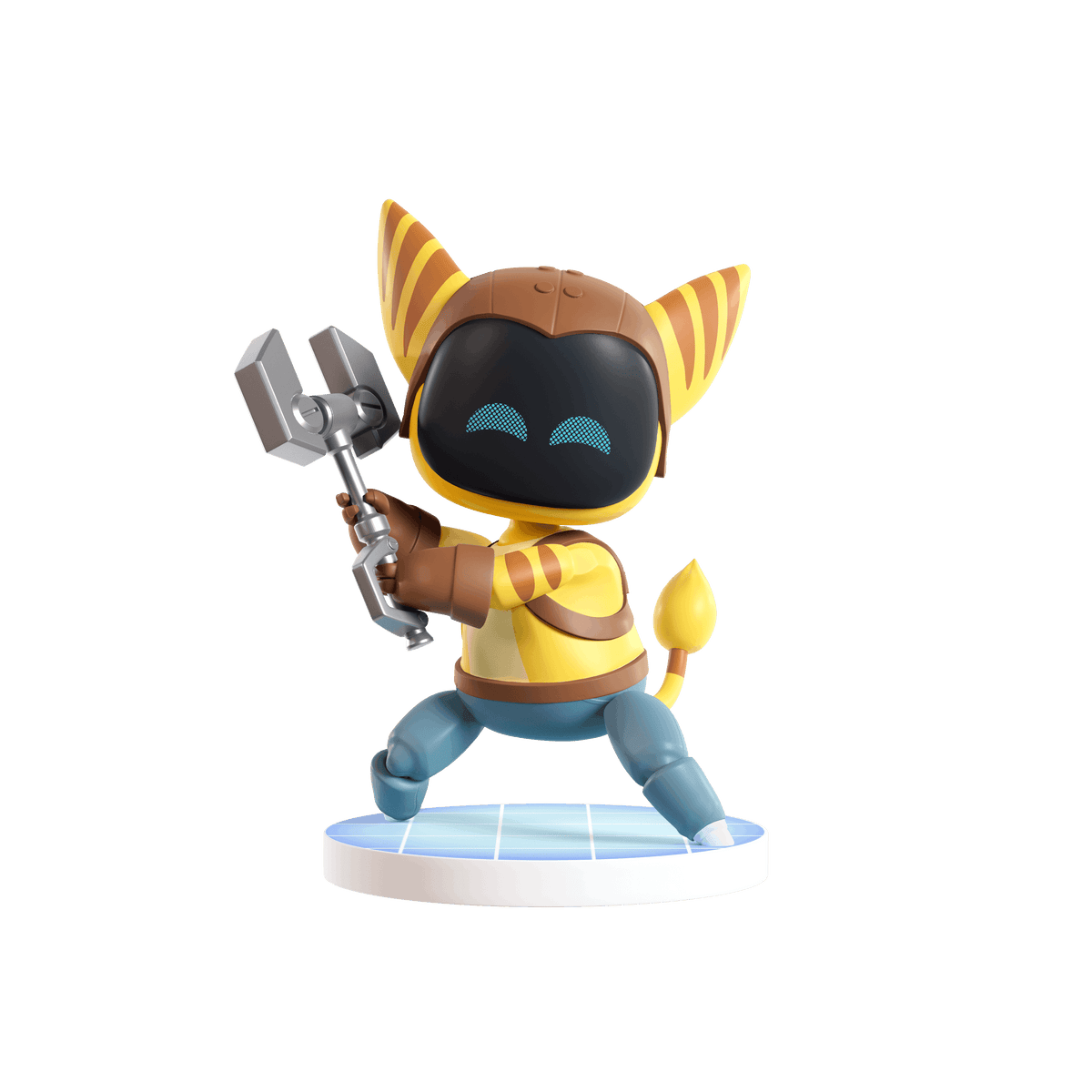 A stylized collectible figurine of a cartoon cat-like character with yellow and orange striped ears, a black face panel, blue legs, and a silver clawed weapon, posed on a round blue-and-white base against a plain white background.