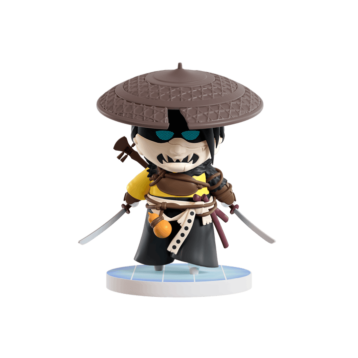 A chibi-style collectible figurine of a samurai warrior character wearing a brown conical hat, black outfit, yellow sleeve, and holding swords, displayed on a round base against a plain white background.