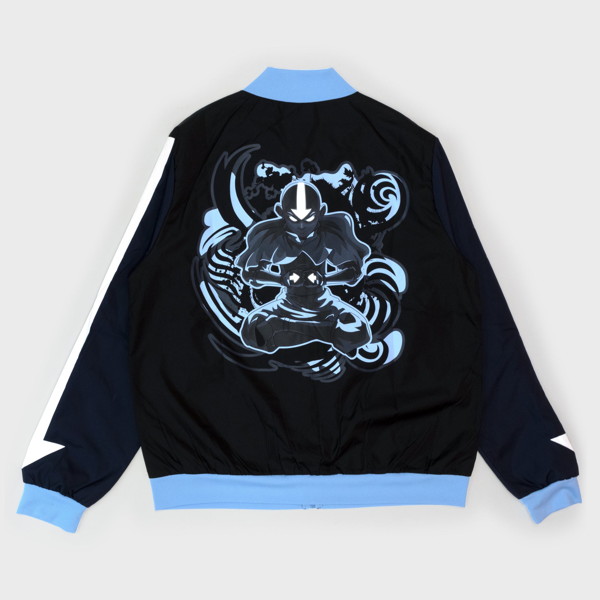 avatar the last airbender back of track jacket. shows aang in avatar stat with wisps behind him. arrows and eyes are glowing.