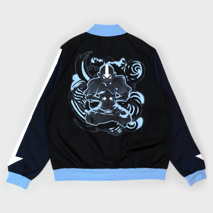 avatar the last airbender back of track jacket. shows aang in avatar stat with wisps behind him. arrows and eyes are glowing.