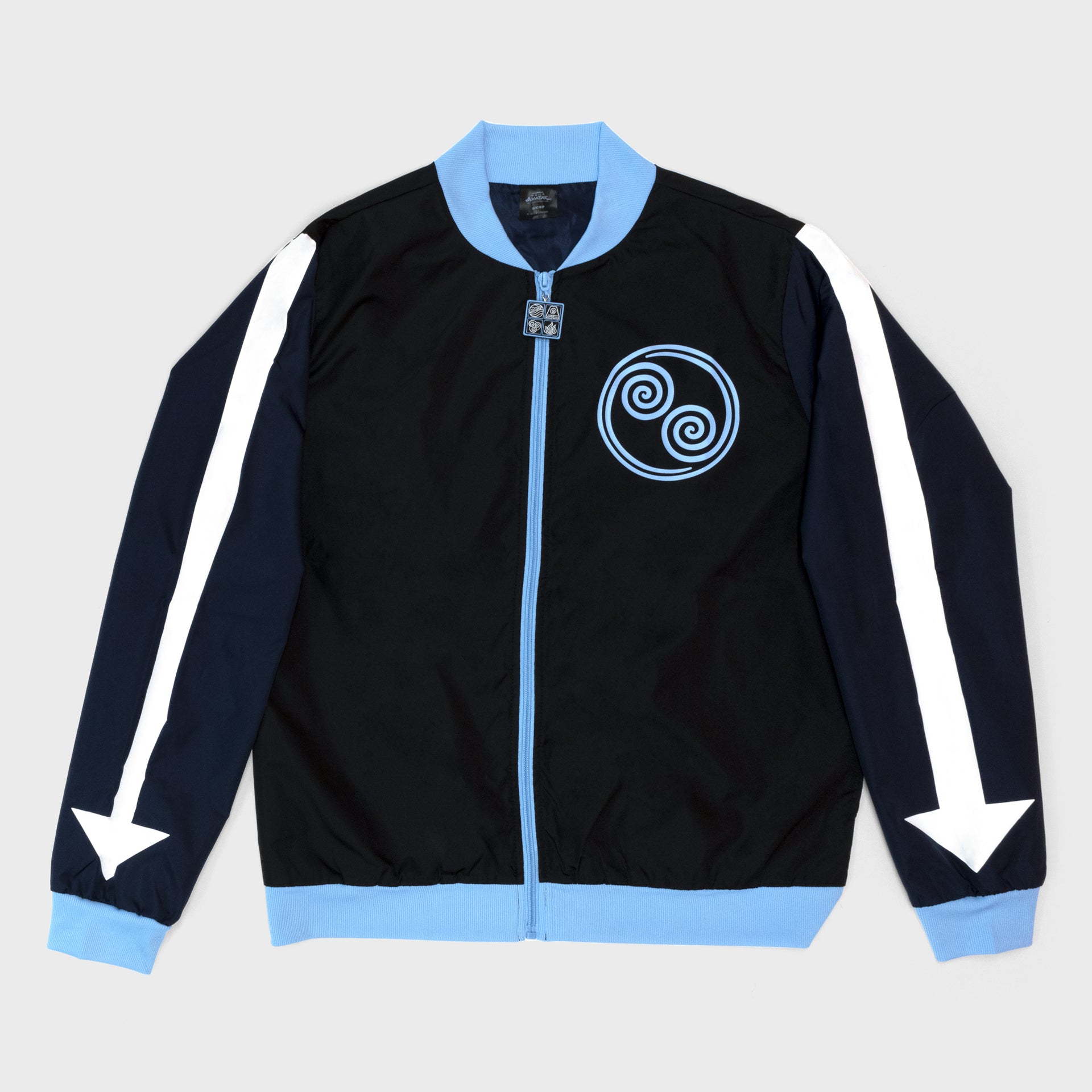 avatar the last airbender avatar state track jacket. avatar state symbol on top front left area. zipper shows the four nations: water, earth, air, and fire