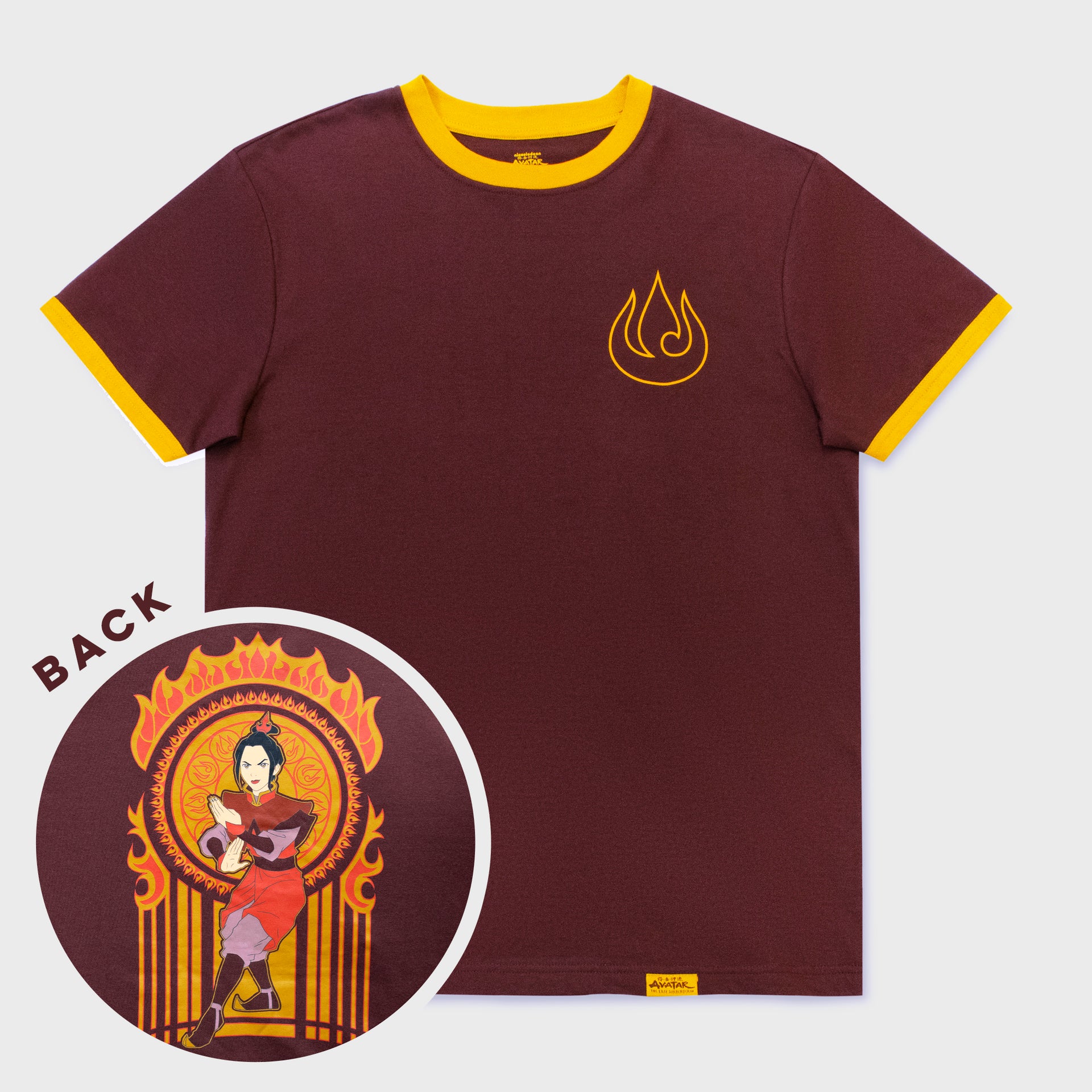 ringer t-shirt. front: fire nation fire symbol on front left pocket. back image: azula posed in fighting stance. rings of fire around her.