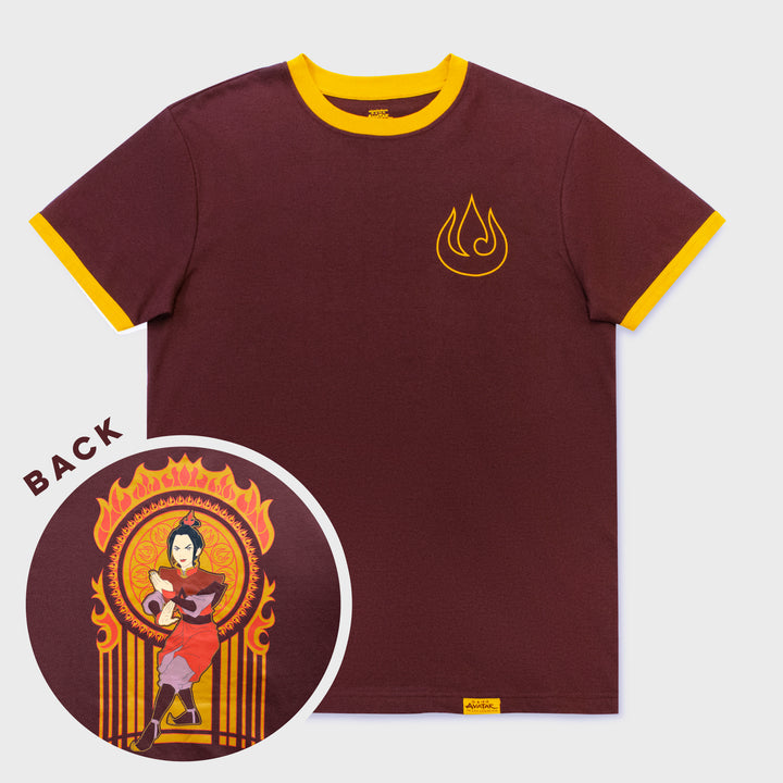ringer t-shirt. front: fire nation fire symbol on front left pocket. back image: azula posed in fighting stance. rings of fire around her.
