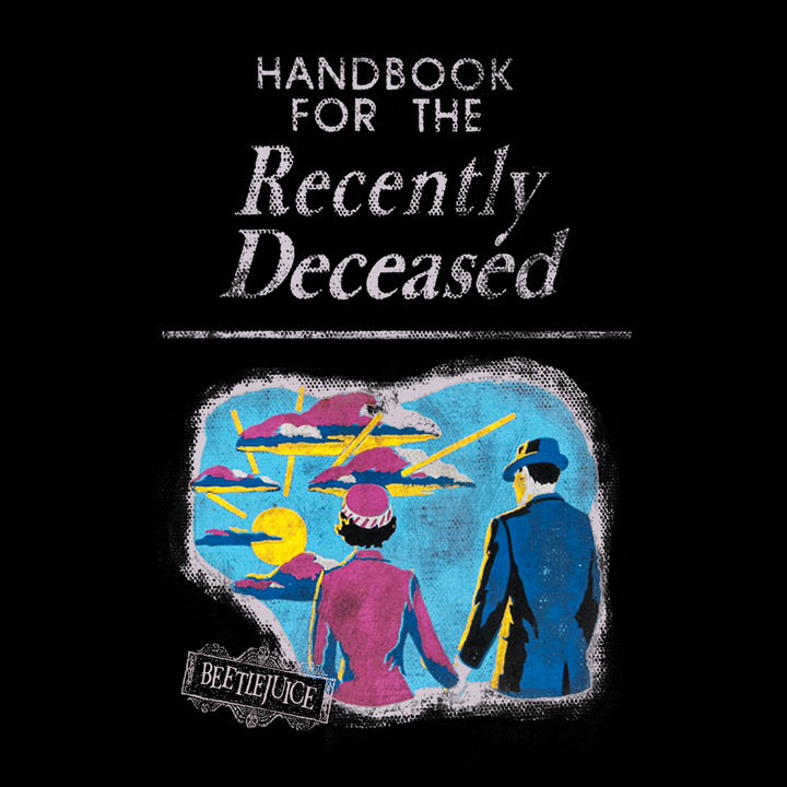image on front: man and woman holding hands looking at sun and clouds. text: handbook for the recently deceased. beetlejuice