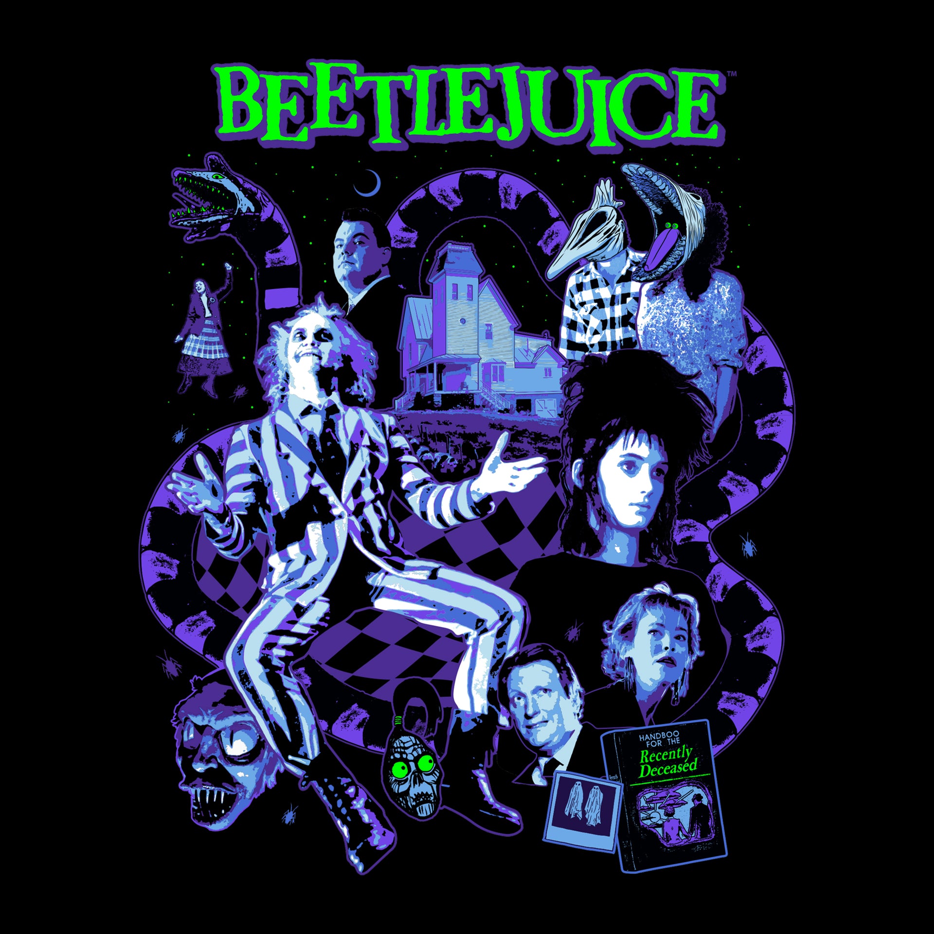 image on shirt: beetlejuice, lydia, sandworm, the house, Adam Maitland and barbara maitland as their creepy forms, charles deetz, delia deetz, otho, shruken head, handbook for the recently deceased. text: beetlejuice