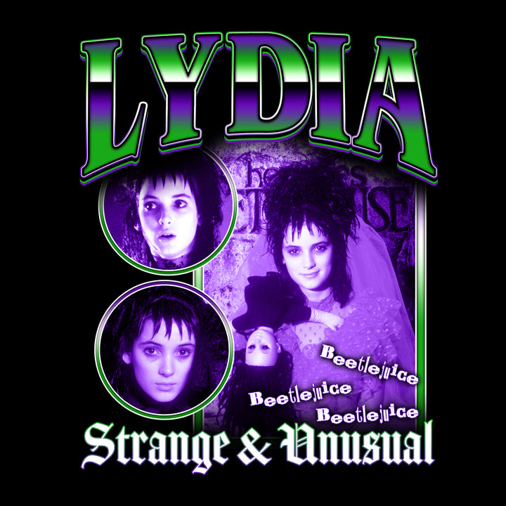 image on shirt: 3 different faces of lydia deetz. 1 with her shocked, 1 with her pouting, one with her bride wedding dress holding a doll. text: lydia  beetlejuice beetlejuice beetlejuice strange and unusual